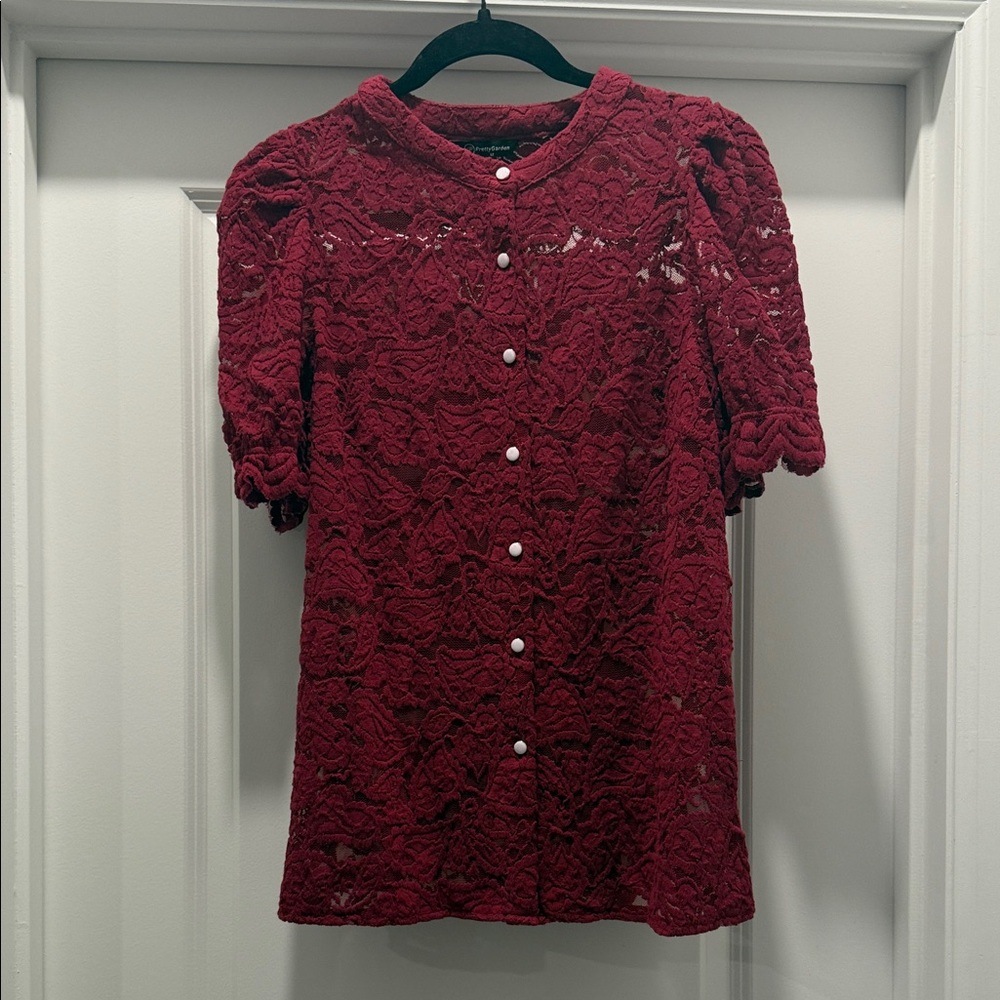 Elegant Lace Button-Up Blouse - Red